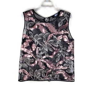FairChild Women Top M Sheer Black Mesh Gold Sequin Metallic Lace Back Sleeveless